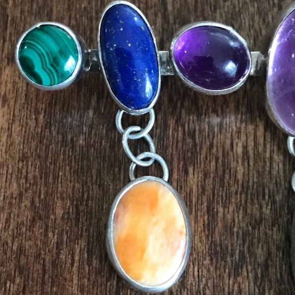 Nakai Signed Sterling Silver Navajo Gem Brooch - Picture 2 of 6